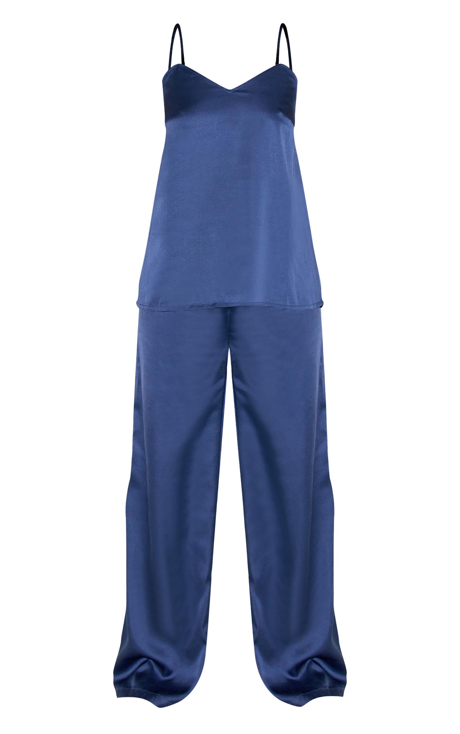 Navy Satin Cami And Pant Pj Set Product Image