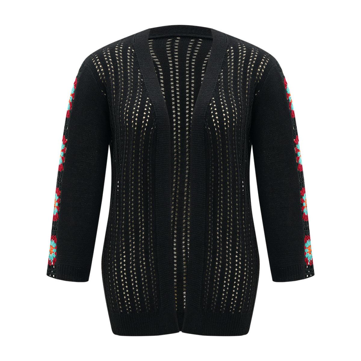 Plus Size Plain Hollow Out Patchwork Cardigan Black Women Casual Loose Long Sleeve Dailywear Cardigans BloomChic 18-20/2X Product Image