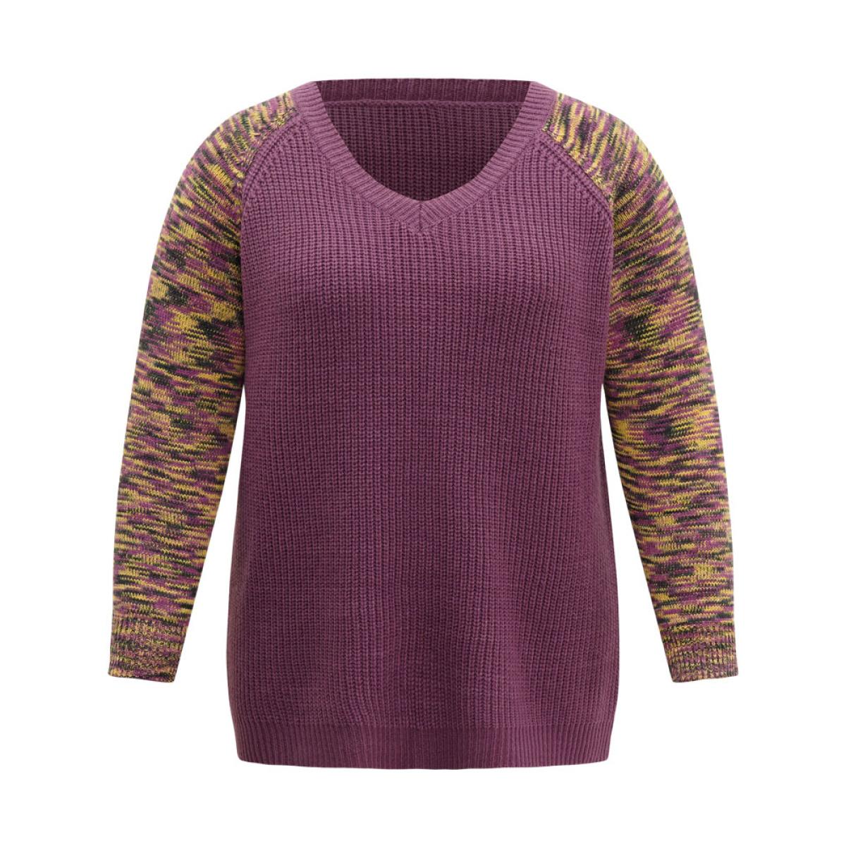 Plus Size Ombre Heather Raglan Sleeve Plisse Pullover Mauve Women Casual Loose Long Sleeve V-neck Dailywear Pullovers BloomChic 12/L Product Image