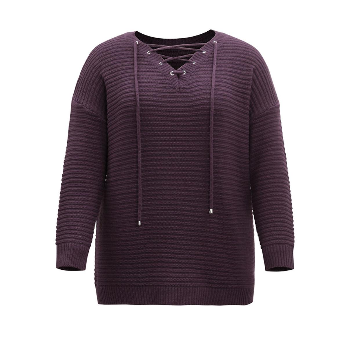 Plus Size Lace Up Plain Plisse Pullover Purple Women Casual Loose Long Sleeve V-neck Dailywear Pullovers BloomChic 10/M Product Image