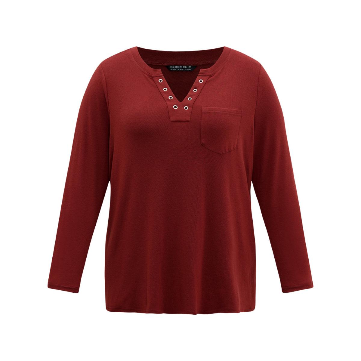 Plus Size Supersoft Essentials Solid Eyelets Notched T-shirt Scarlet Women Casual Plain Plain Notched collar Dailywear T-shirts BloomChic 26/4X Product Image