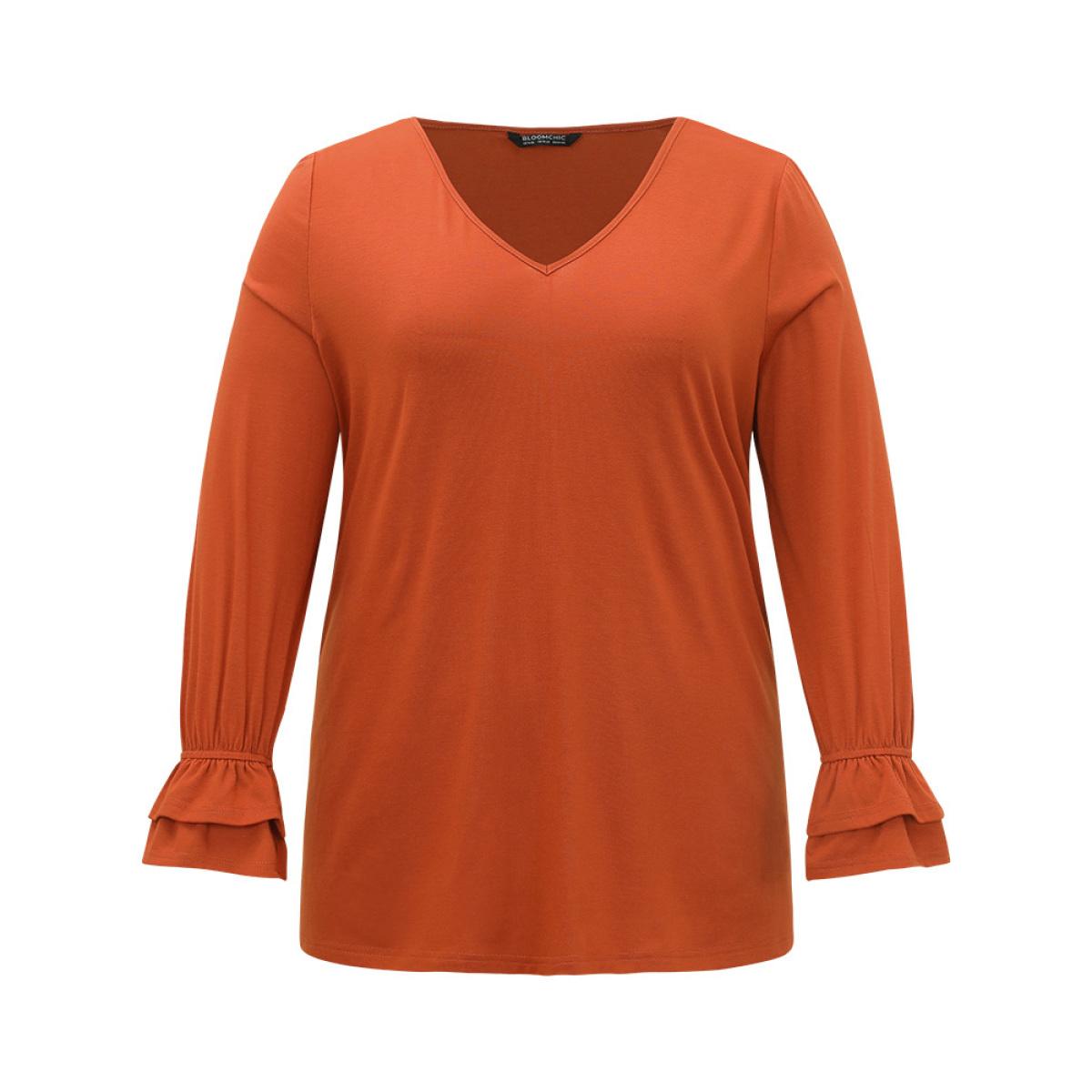 Plus Size Halloween Solid V Neck Layered Sleeve T-shirt Rust Women Elegant Plain Plain V-neck Festival-Halloween T-shirts BloomChic 22-24/3X Product Image