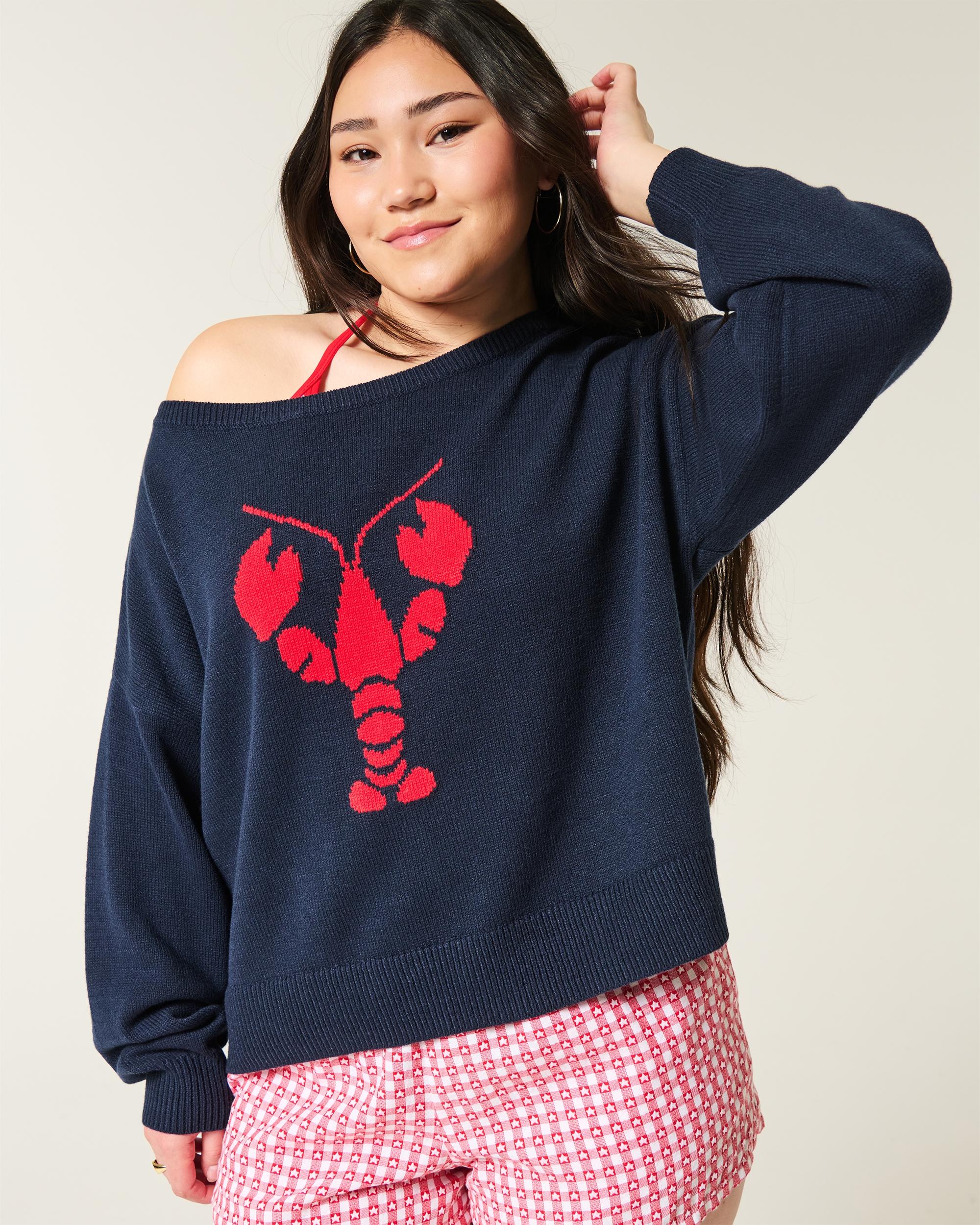 Easy Off-the-Shoulder Heart Flag Graphic Sweater Product Image