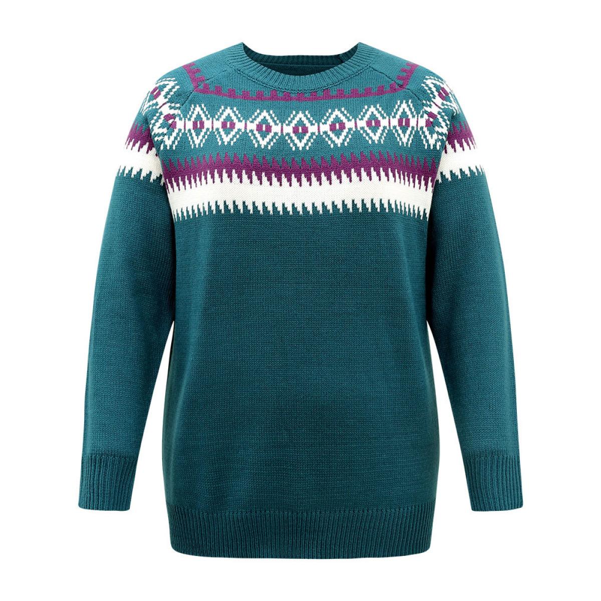 Plus Size Geometric Contrast Raglan Sleeve Pullover Emerald Women Casual Loose Long Sleeve Round Neck Festival-Christmas Pullovers BloomChic 12/L Product Image