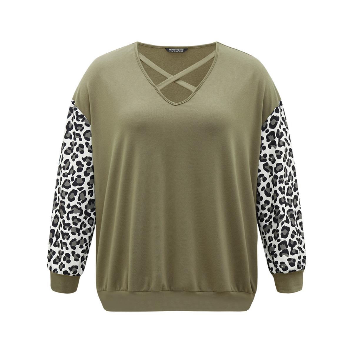 Plus Size Leopard Patchwork Crisscross Neck Elastic Cuffs Sweatshirt Women Sage Casual Elastic cuffs V-neck Dailywear Sweatshirts BloomChic 22-24/3X Product Image