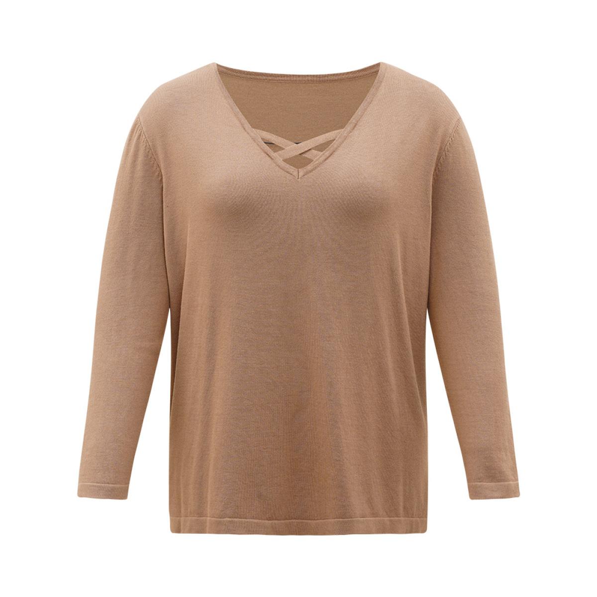 Plus Size Supersoft Essentials Crisscross Neck Split Side Pullover Tan Women Casual Loose Long Sleeve V-neck Dailywear Pullovers BloomChic 26/4X Product Image