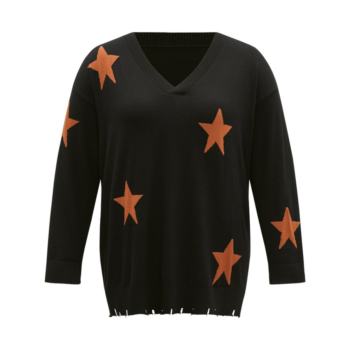 Plus Size Halloween Supersoft Essentials Star V Neck Distressed Hem Pullover Black Women Casual Loose Long Sleeve V-neck Festival-Halloween Pullovers BloomChic 28/5X Product Image