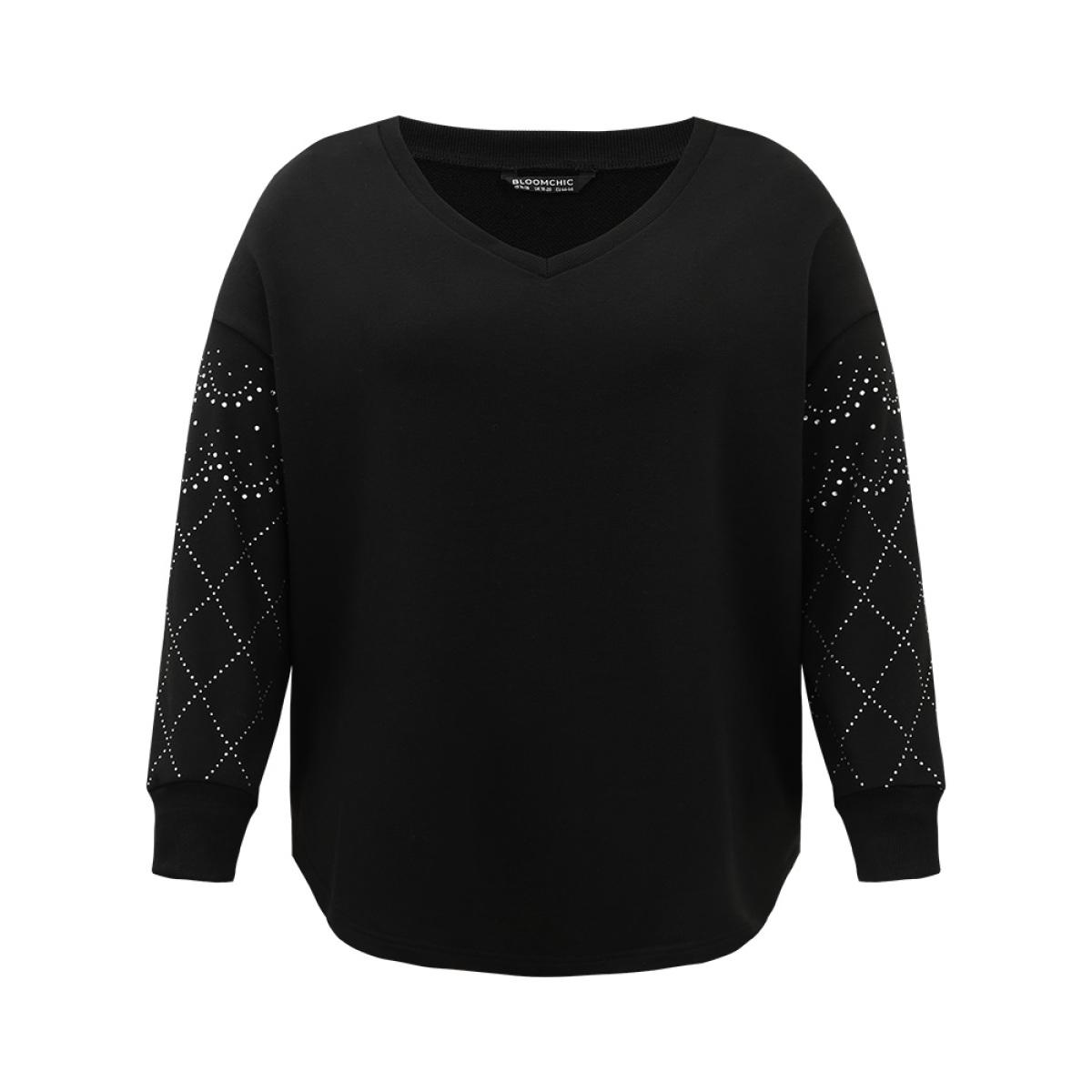Plus Size Rhinestone Plain Drop Shoulder Sweatshirt Women Black Elegant Rib Knit V-neck Dailywear Sweatshirts BloomChic 18-20/2X Product Image