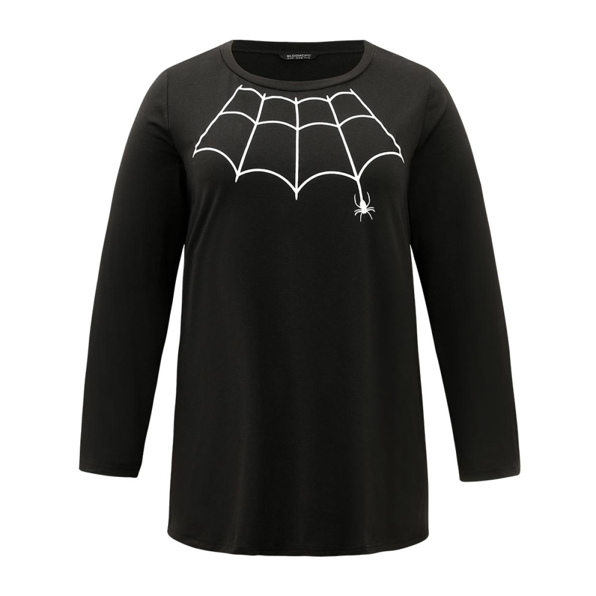 Plus Size Halloween Spider Web Print Round Neck T-shirt Black Women Casual Printed Halloween Round Neck Festival-Halloween T-shirts BloomChic 18-20/2X Product Image