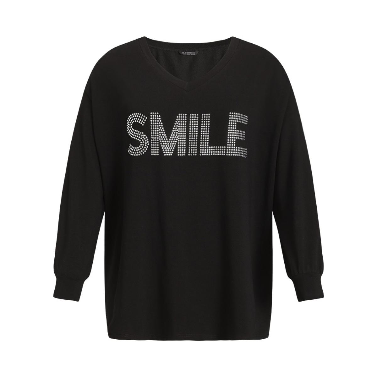 Plus Size Letter Print Rhinestone V Neck Elastic cuffs Sweatshirt Women Black Elegant Elastic cuffs Dailywear Sweatshirts BloomChic 10/M Product Image