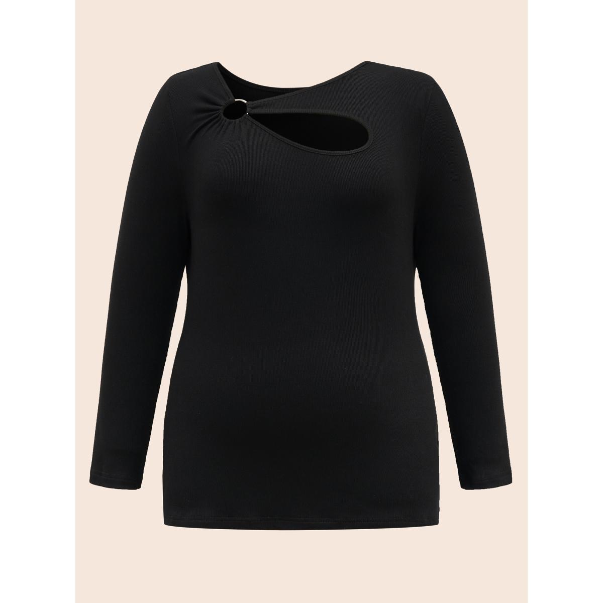 Plus Size Rib Knit Asymmetrical Neck Cut Out T-shirt Black Women Elegant Texture Asymmetrical Neck Skinny Everyday T-shirts BloomChic 30/6X Product Image