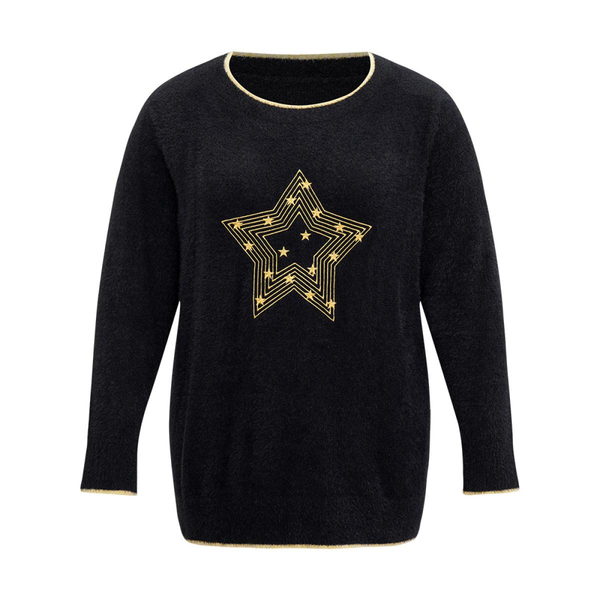Plus Size Star Embroidered Contrast Trim Pullover Black Women Casual Loose Long Sleeve Round Neck Dailywear Pullovers BloomChic 30/6X Product Image