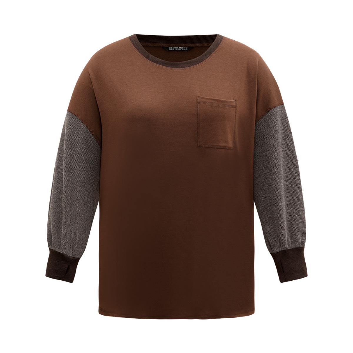 Plus Size Two Tone Patched Pocket Drop Shoulder Sweatshirt Women DarkBrown Casual Elastic cuffs Round Neck Everyday Sweatshirts BloomChic 26/4X Product Image