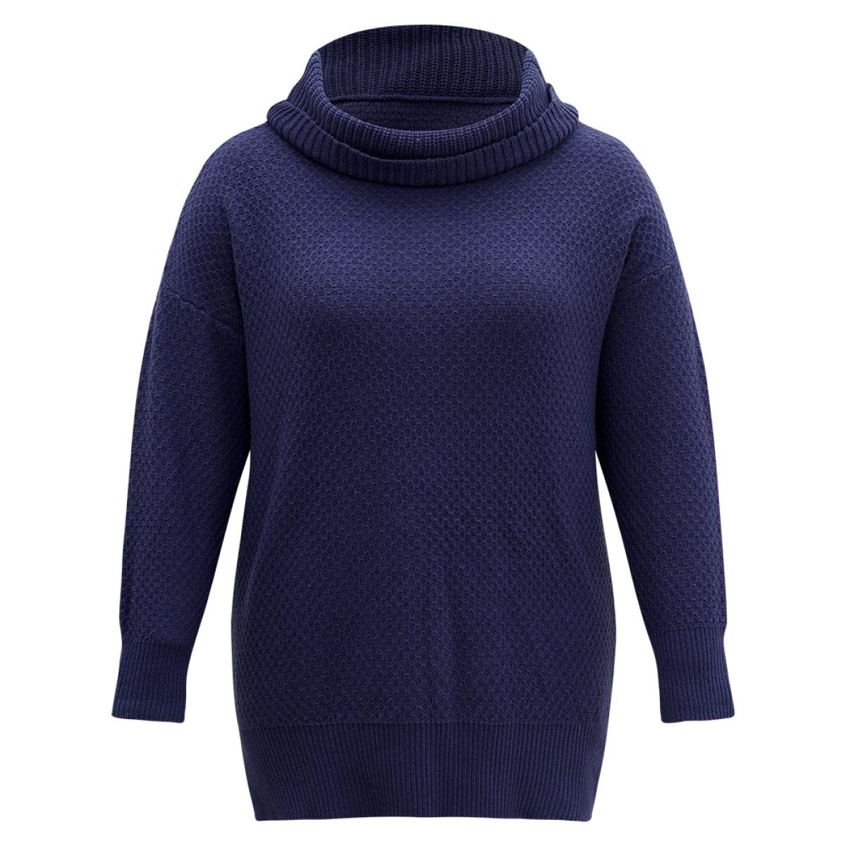 Plus Size Solid Turtle Neck Split Side Pullover DarkBlue Women Casual Loose Long Sleeve Turtleneck Everyday Pullovers BloomChic 12/L Product Image