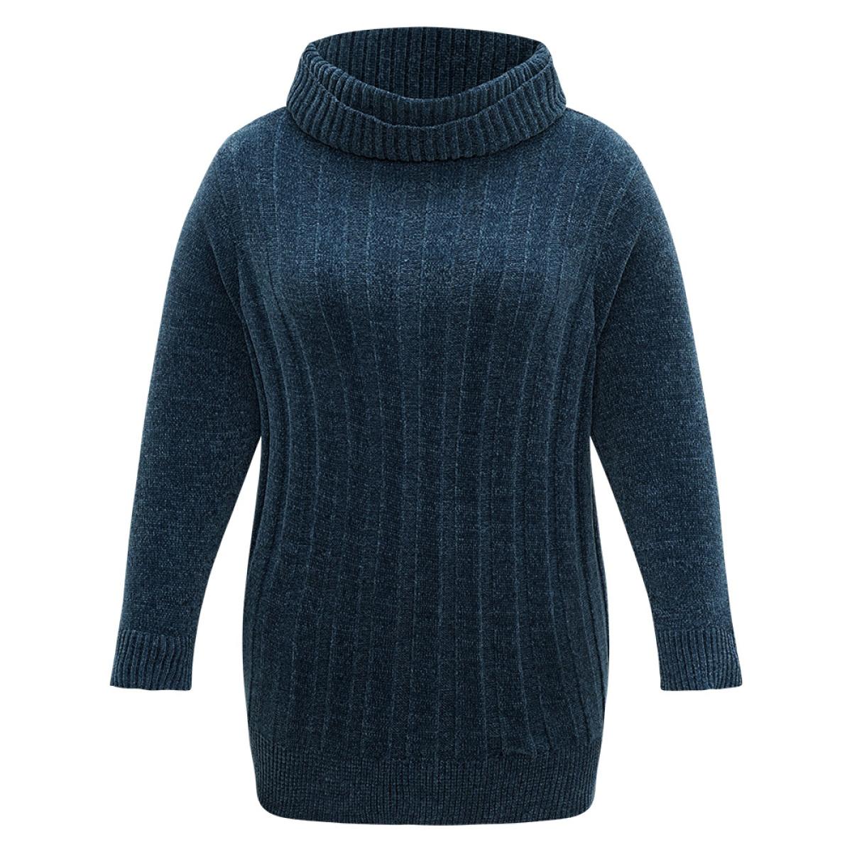 Plus Size Turtle Neck Plain Rib Knit Pullover Cyan Women Casual Long Sleeve Lapel Collar Dailywear Pullovers BloomChic 30/6X Product Image