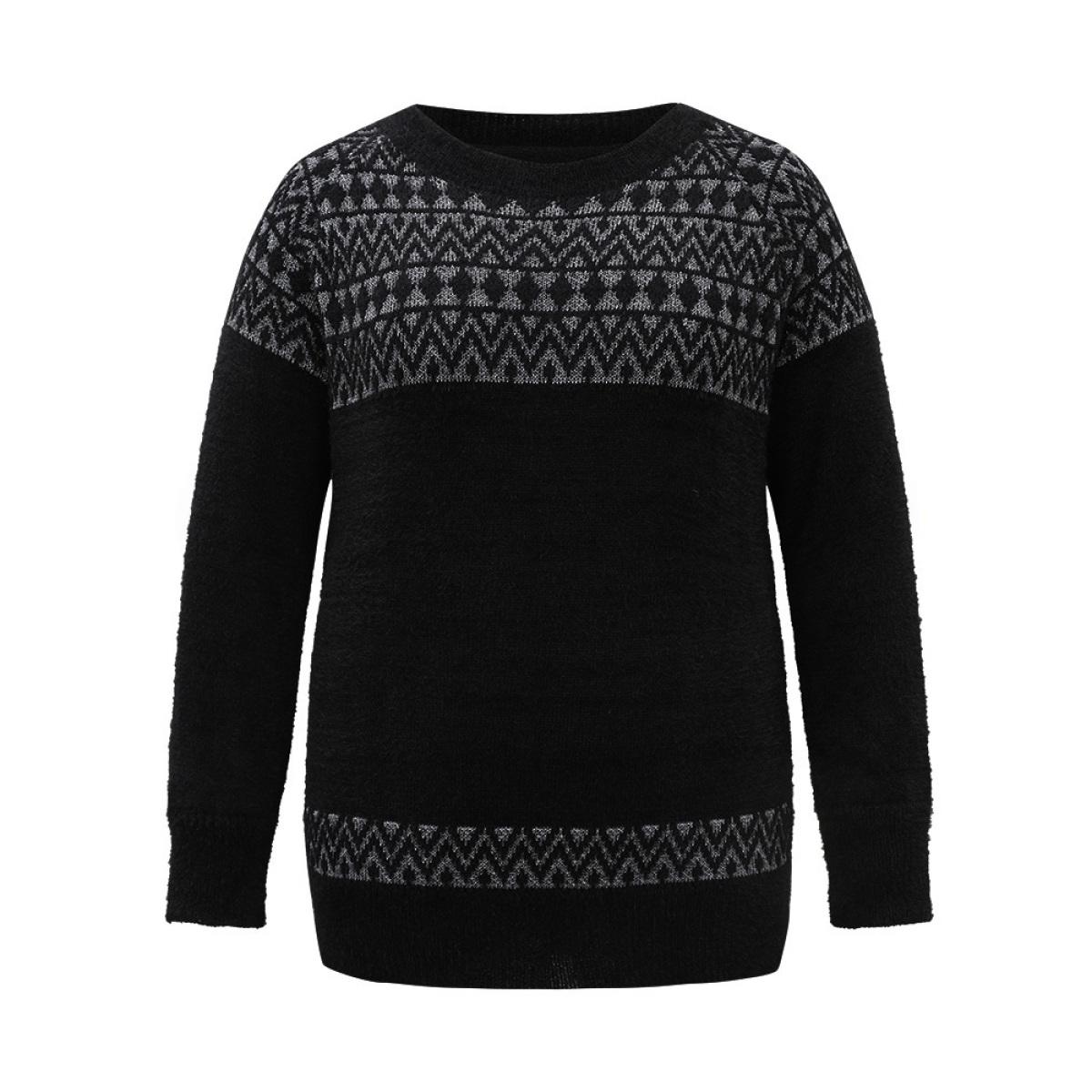 Plus Size Bandana Print Fuzzy Sparkly Pullover Black Women Casual Loose Long Sleeve Round Neck Dailywear Pullovers BloomChic 10/M Product Image