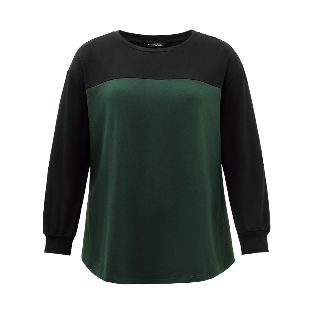 Plus Size Two Tone Patchwork Round Neck Sweatshirt Women Green Casual Contrast Round Neck Dailywear Sweatshirts BloomChic 14-16/1X Product Image