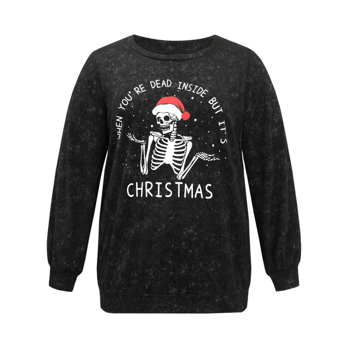 Plus Size Christmas Vintage Skull Print Crew Neck Sweatshirt Women Black Casual Elastic cuffs Festival-Christmas Sweatshirts BloomChic 26/4X Product Image