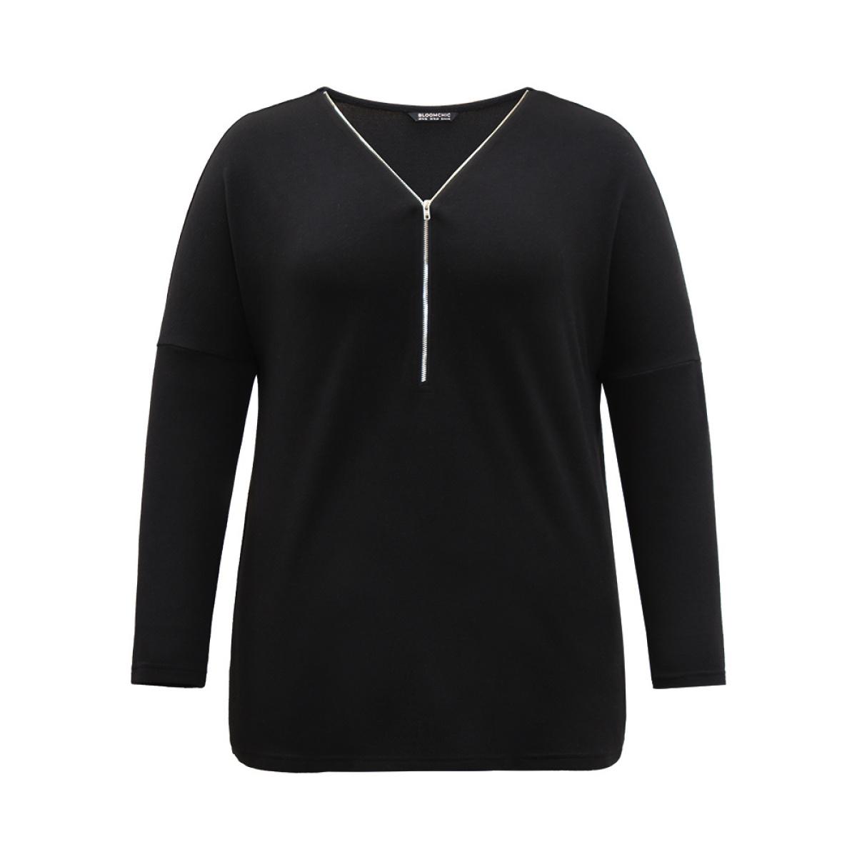 Plus Size Solid Zipper Detail Patchwork T-shirt Black Women Casual Plain Plain V-neck Dailywear T-shirts BloomChic 22-24/3X Product Image