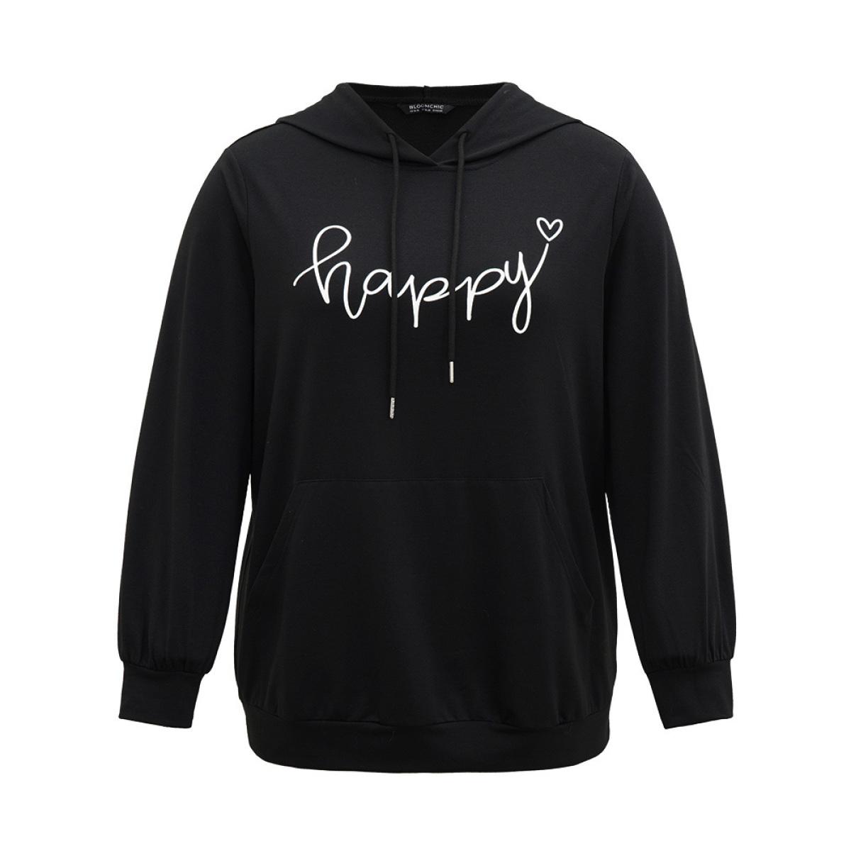 Plus Size Positive Slogans Print Kangaroo Pocket Hooded Sweatshirt Women Black Casual Printed Dailywear Sweatshirts BloomChic 26/4X Product Image