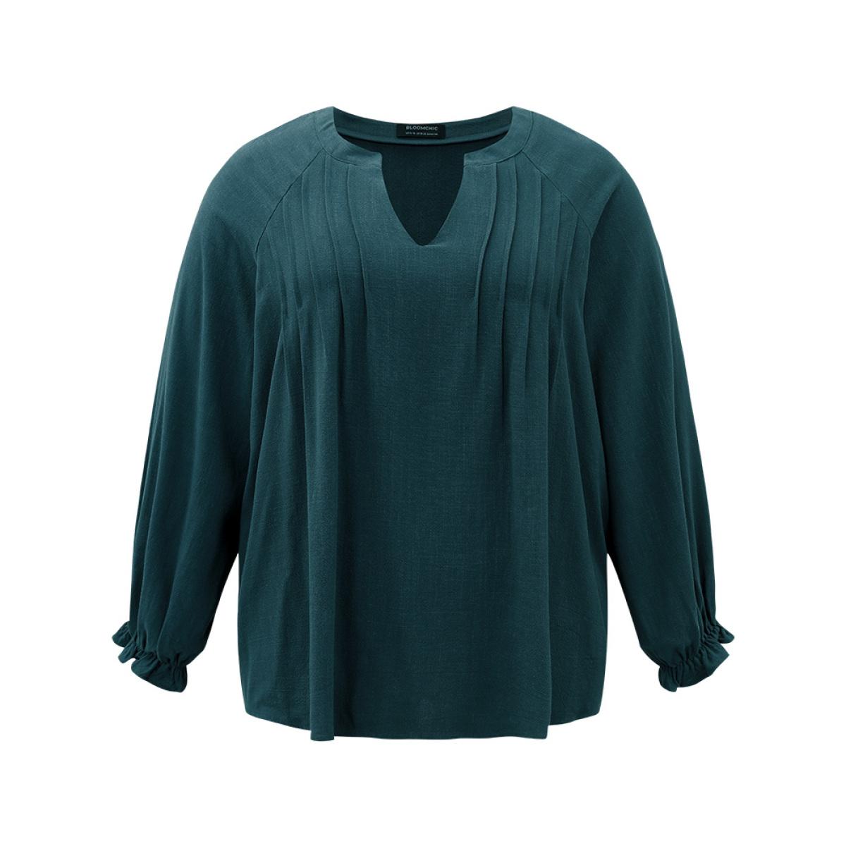 Plus Size Cyan Plain Raglan Sleeve Plicated Detail Blouse Women Office Long Sleeve V-neck Office Blouses BloomChic 14-16/1X Product Image