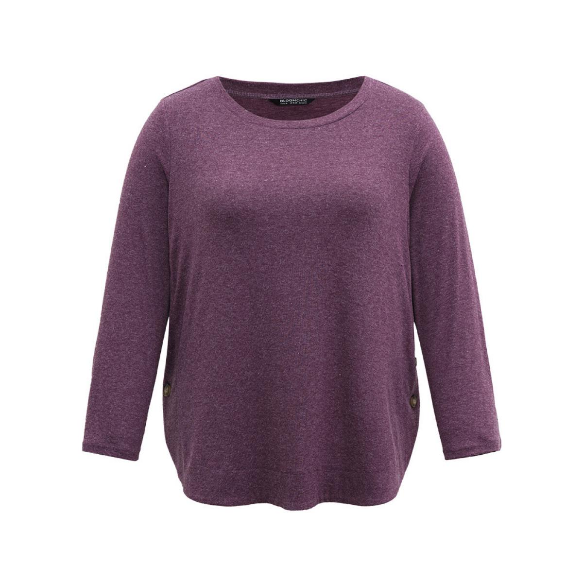 Plus Size Plain Button Detail Curved Hem T-shirt Purple Women Casual Plain Plain Round Neck Dailywear T-shirts BloomChic 10/M Product Image