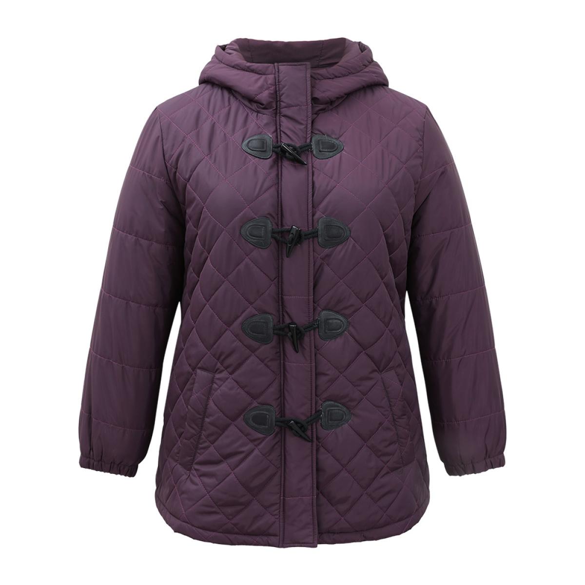 Plus Size Quilted Duffle Button Hooded Pocket Cotton Jacket Women Eggplant Casual Quilting Ladies Dailywear Winter Coats BloomChic 22-24/3X Product Image