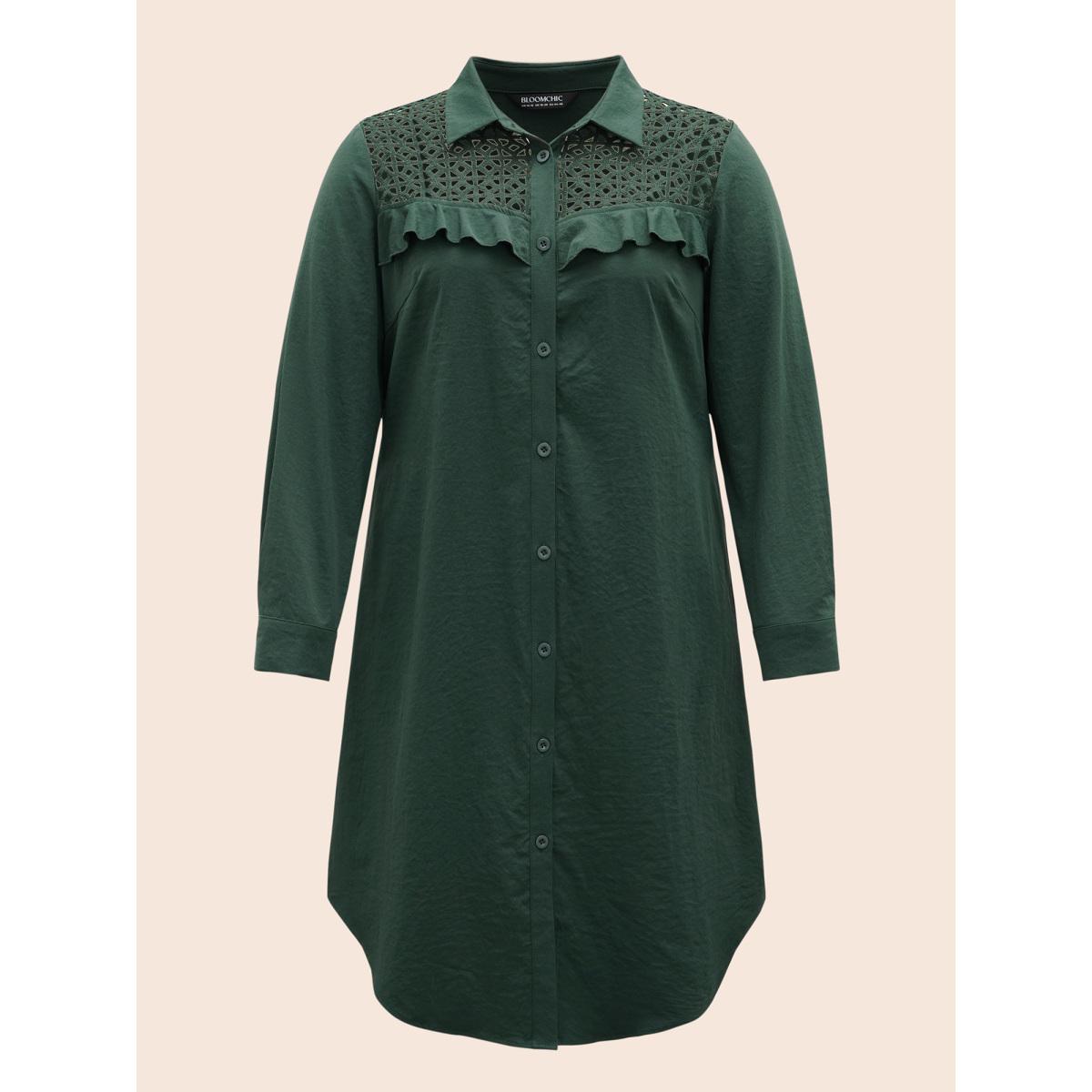 Plus Size Solid Cut Out Ruffle Trim Arc Hem Dress DarkGreen Women Casual Cut-Out Shirt collar Long Sleeve Curvy BloomChic 12/L Product Image