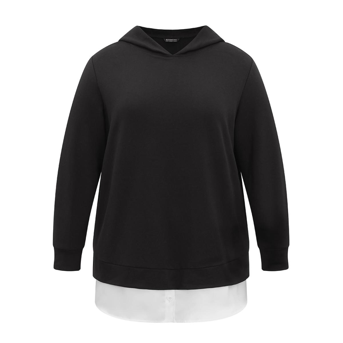 Plus Size 2-In-1 Patchwork Contrast Hooded Sweatshirt Women Black Casual Contrast Hooded Dailywear Sweatshirts BloomChic 22-24/3X Product Image