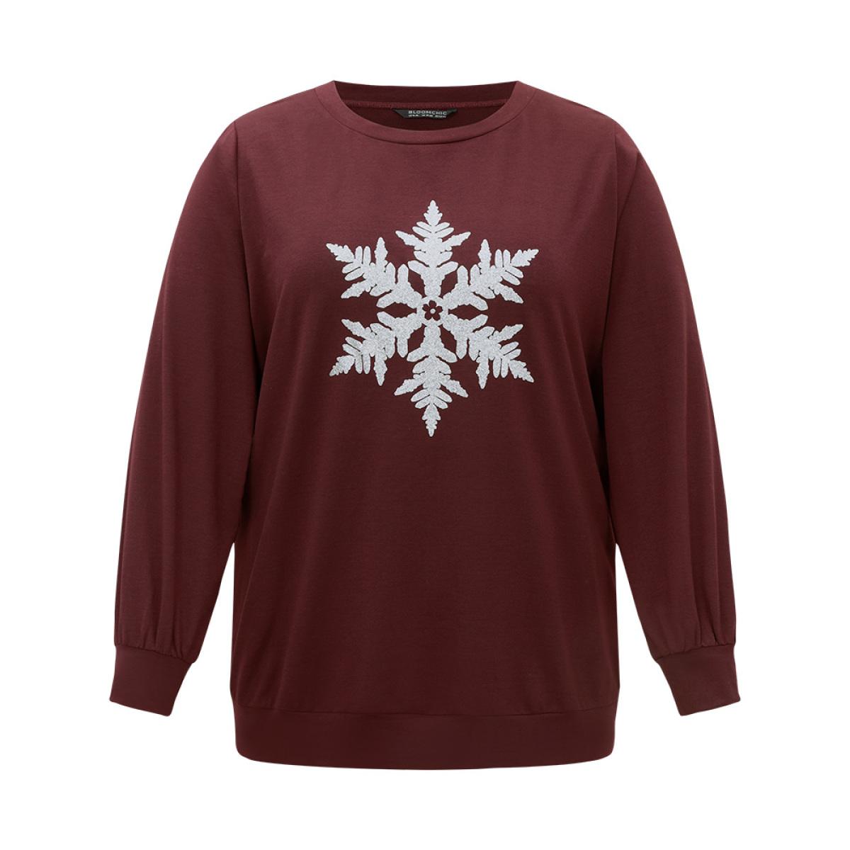 Plus Size Glitter Snowflake Round Neck Sweatshirt Women Scarlet Casual Elastic cuffs Festival-Halloween Sweatshirts BloomChic 18-20/2X Product Image
