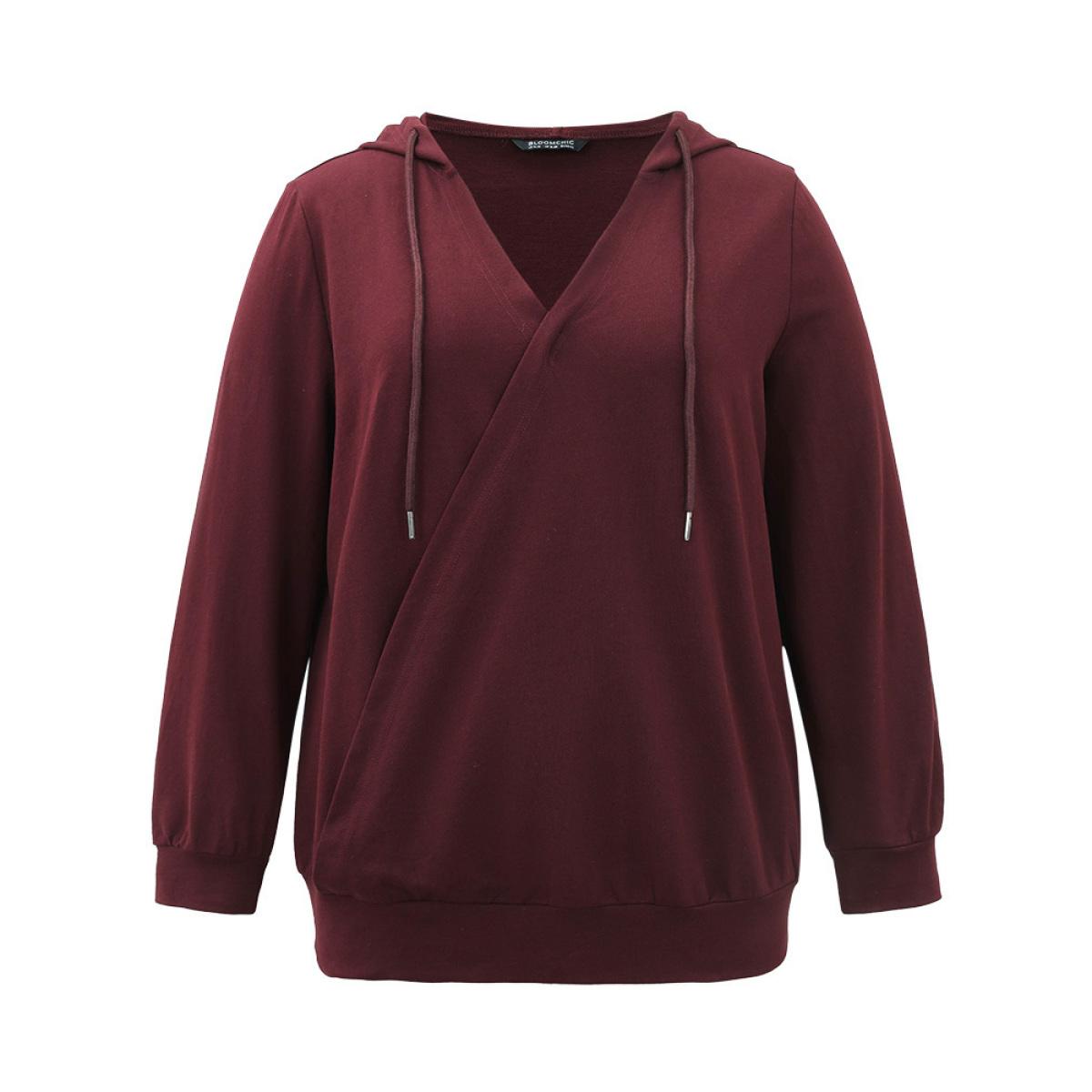 Plus Size Cotton Hooded Drawstring Sweatshirt Women Burgundy Elegant Wrap Hooded Dailywear Sweatshirts BloomChic 28/5X Product Image