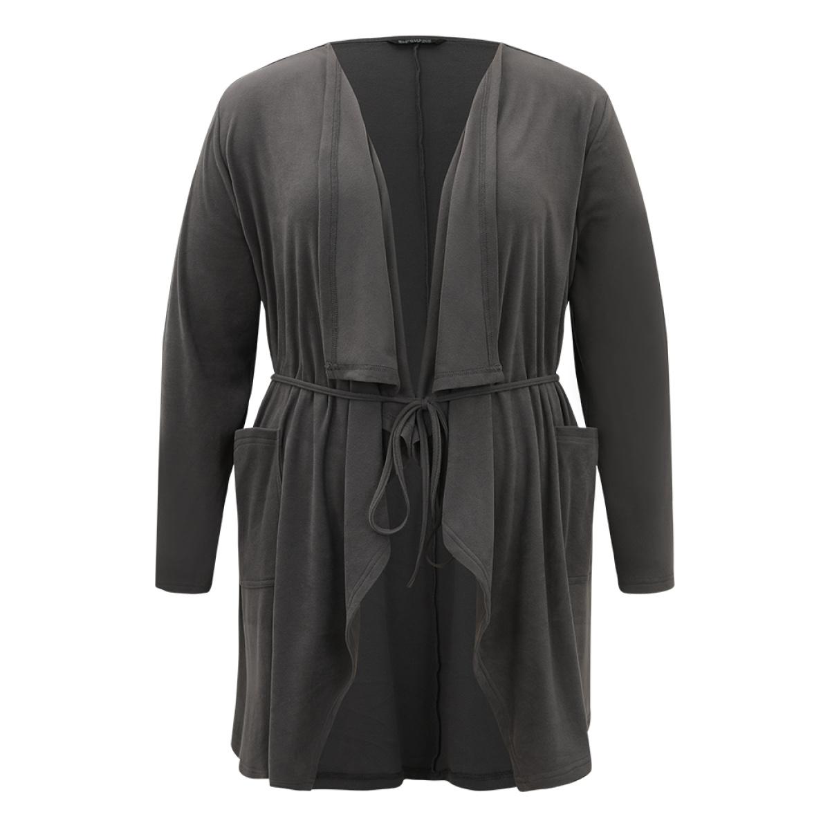 Plus Size Halloween Plain Pocket Belted Knot Coat Women DimGray Casual Plain Ladies Dailywear Winter Coats BloomChic 14-16/1X Product Image