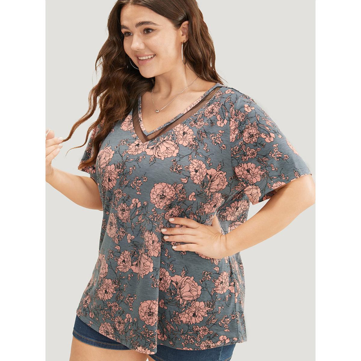 Plus Size Floral Print Mesh Insert Flutter Sleeve T-shirt Gray Women Elegant See through Floral V-neck Dailywear T-shirts BloomChic 22-24/3X Product Image