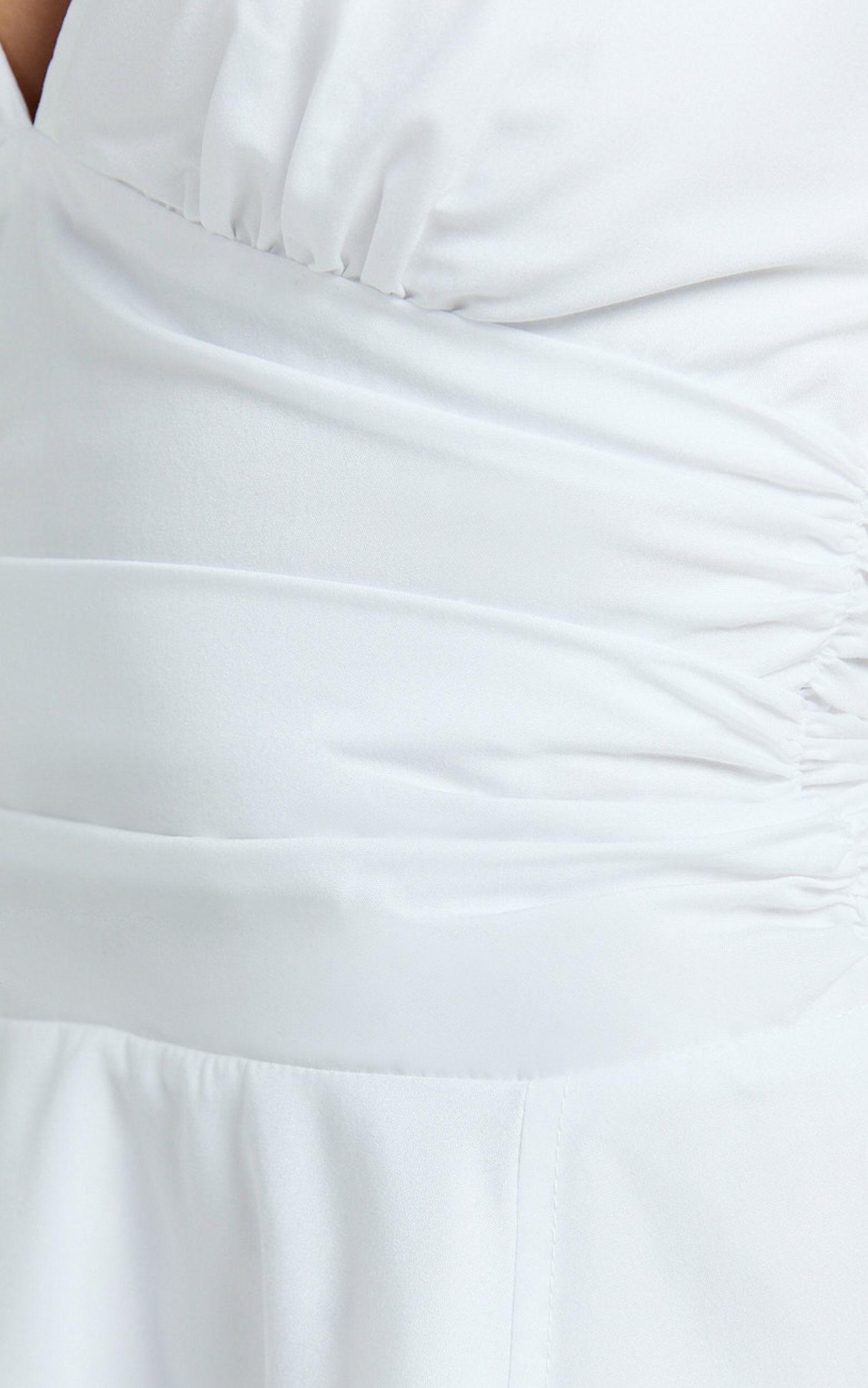 Kristy Mini Dress - V Neck Tie Bust A Line Dress in White Product Image