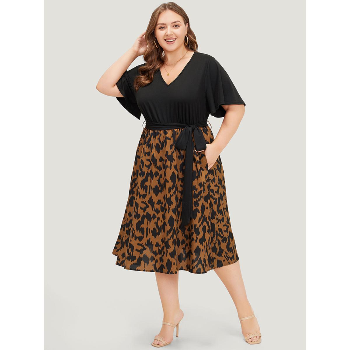Plus Size Allover Print Contrast Belted Ruffle Sleeve Patchwork Dress Black Women Elegant Contrast V-neck Short sleeve Curvy Midi Dress BloomChic 10/M Product Image