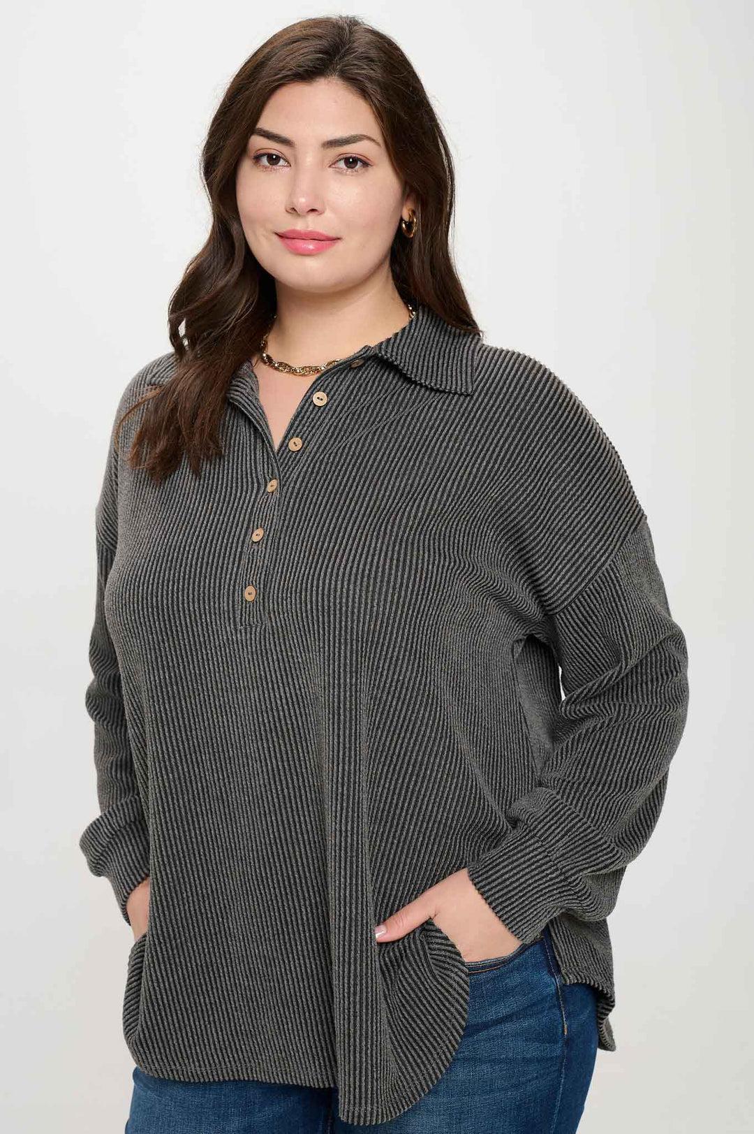Plus Pinstripe Collared Half Button Knit Top Product Image