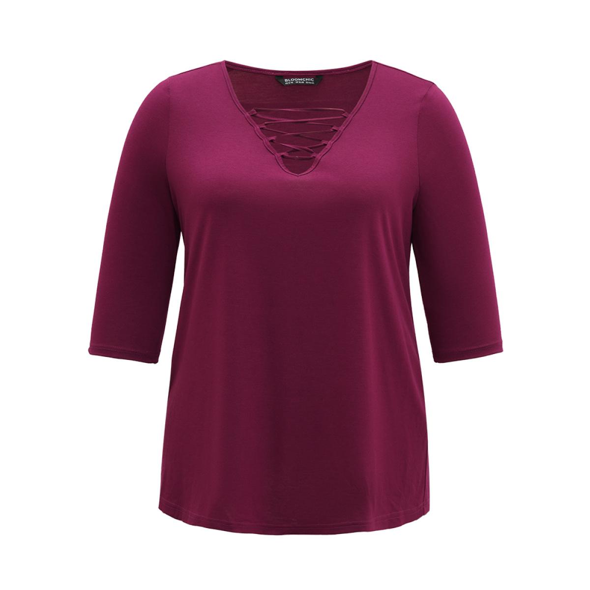 Plus Size Solid Crisscross Three Quater Length Sleeve Deep V Neck T-shirt Burgundy Women Casual Plain Plain Deep V-neck Dailywear T-shirts BloomChic 10/M Product Image