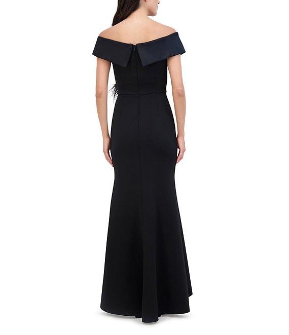 Eliza J Scuba Off The Shoulder Drape Sleeve Feather Applique Gown Product Image
