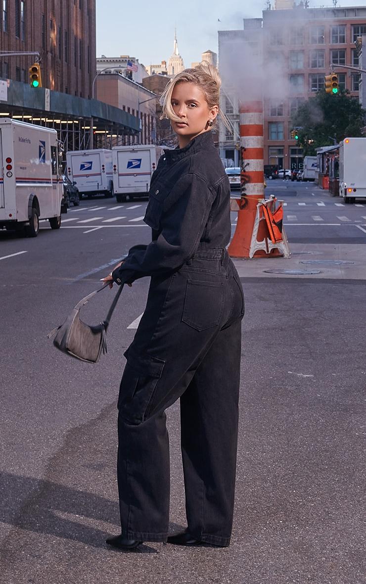 Washed Black Denim Cargo Wide Leg Jumpsuit Product Image