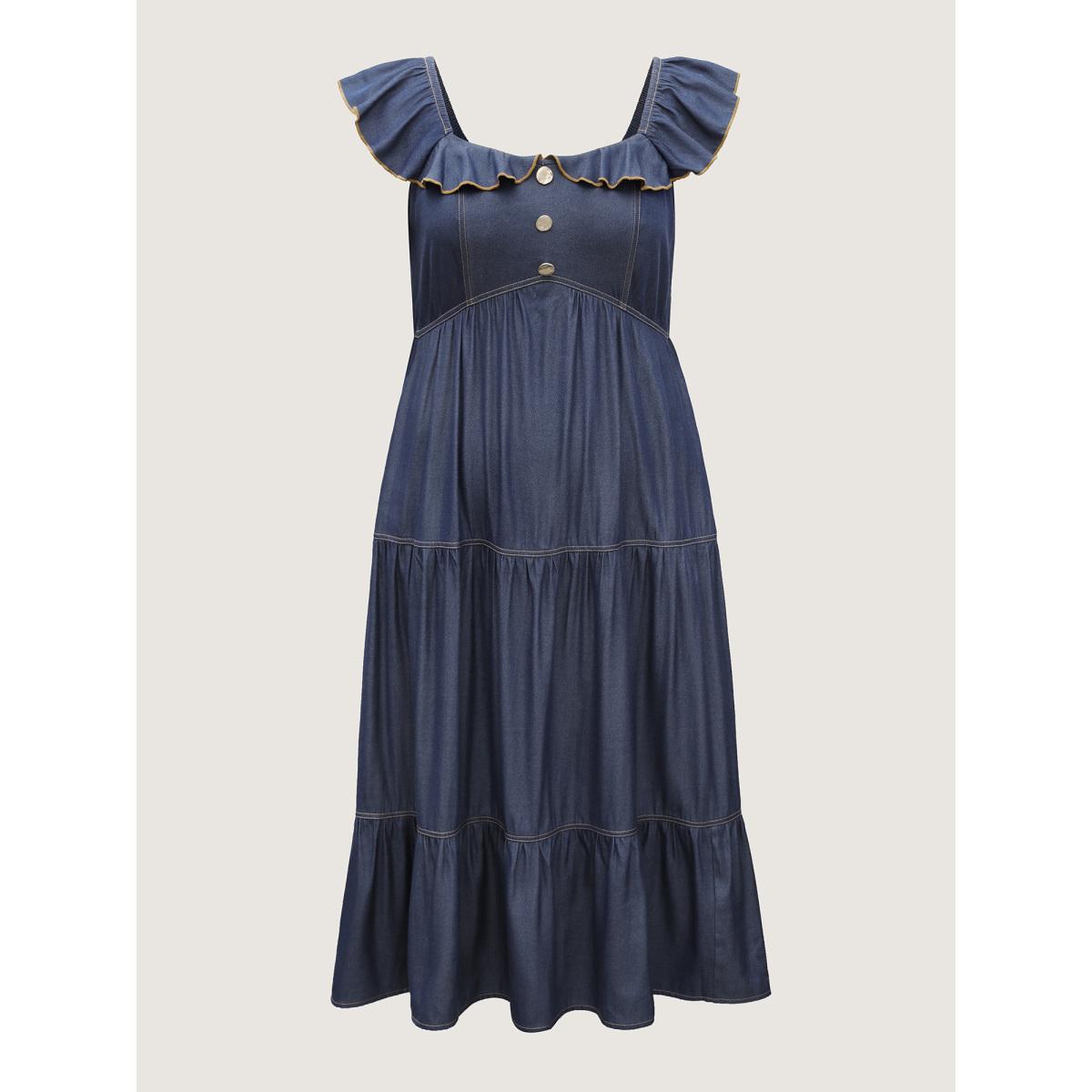 Plus Size Denim-Like Ruffled Tiered Midi Dress Indigo Women Boho Square Neck Cap Sleeve Curvy BloomChic 14-16/1X Product Image