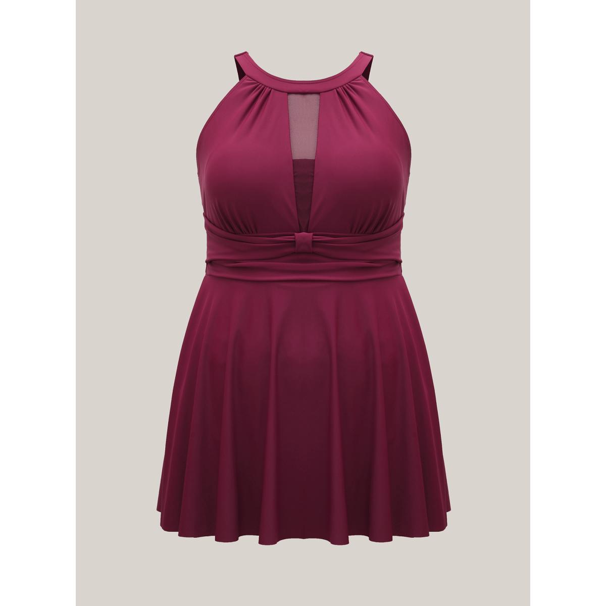 Plus Size Anti Float Tie Sheer Swim Dress Women's Swimwear Deeppurple Resort Bodycon Round Neck High stretch Curve Swim Dresses BloomChic 18-20/2X Product Image