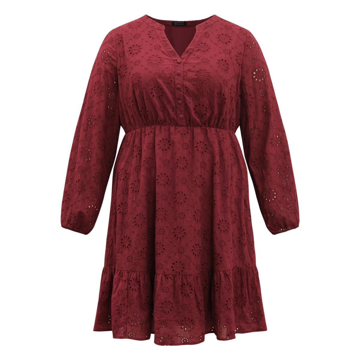 Plus Size Plain Geometric Eyelet Notched Lantern Sleeve Dress Burgundy Women Vacation Elastic cuffs Notched collar Long Sleeve Curvy Midi Dress BloomChic 18-20/2X Product Image