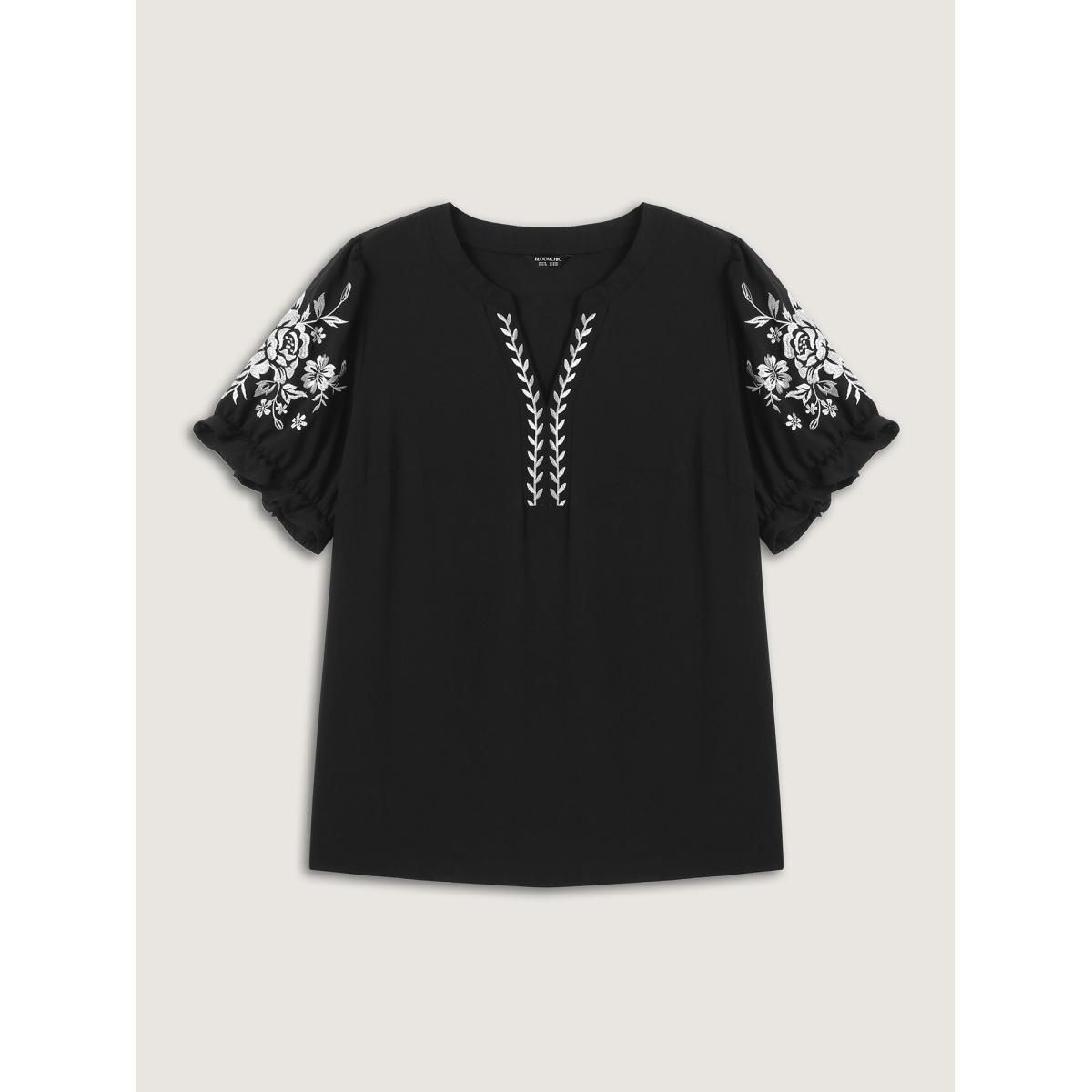Plus Size Black Notched Collar Embroidered Ruffled Blouse Women Boho Half Sleeve Flat collar with V-notch Vacation Blouses BloomChic 26/4X Product Image