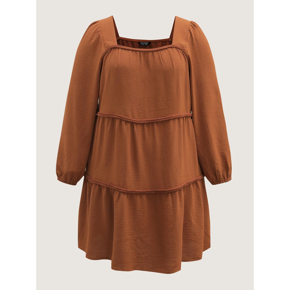 Plus Size Twisted Woven Ribbon Tiered Knee-Length Dress Yellowishbrown Women Boho Square Neck Long Sleeve Curvy BloomChic 22-24/3X Product Image