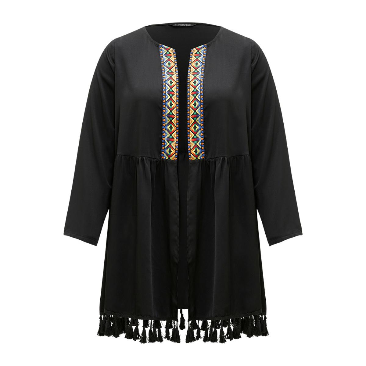Plus Size Bandana Print Tassels Trim Open Front Kimono Women Black Casual Tassels Pocket Dailywear Kimonos BloomChic 12/L Product Image
