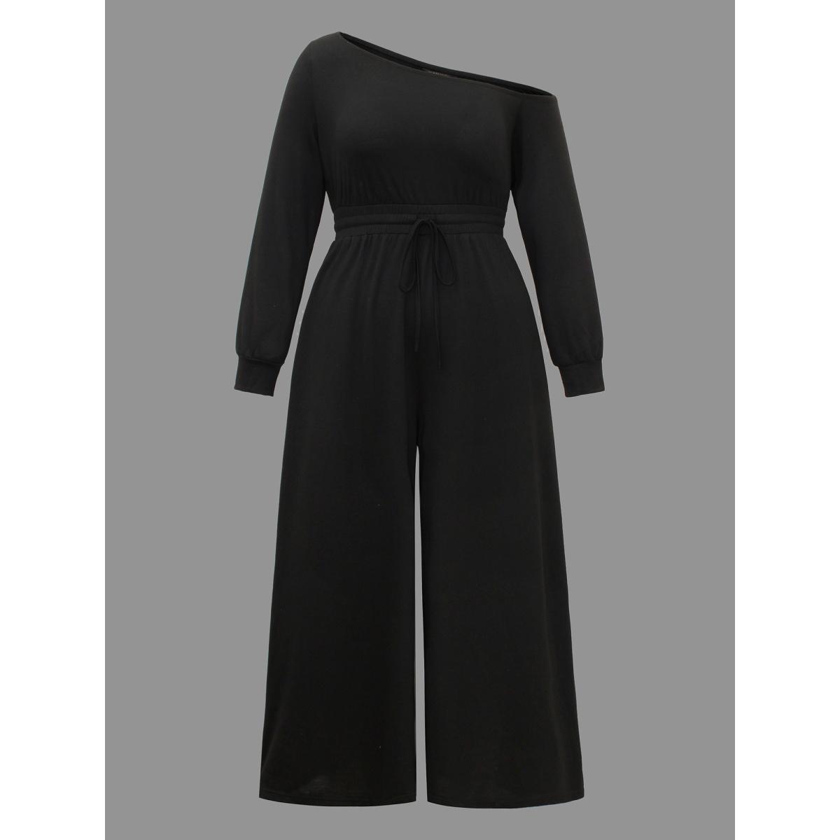 Plus Size Black Textured Sheer Hollow Sleeves Jumpsuit Women Casual Long Sleeve Asymmetrical Neck Everyday Loose Jumpsuits BloomChic 28/5X Product Image