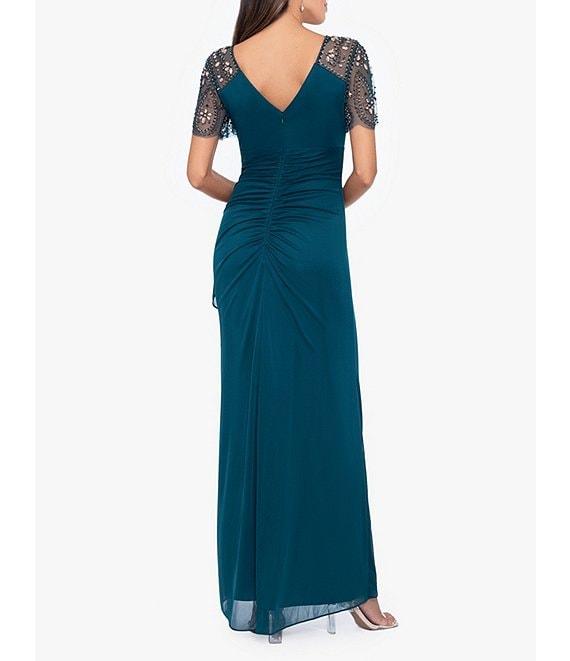 Xscape Short Beaded Sheer Flutter Sleeve Cascading Draped Waist V-Neck Beaded Gown Product Image