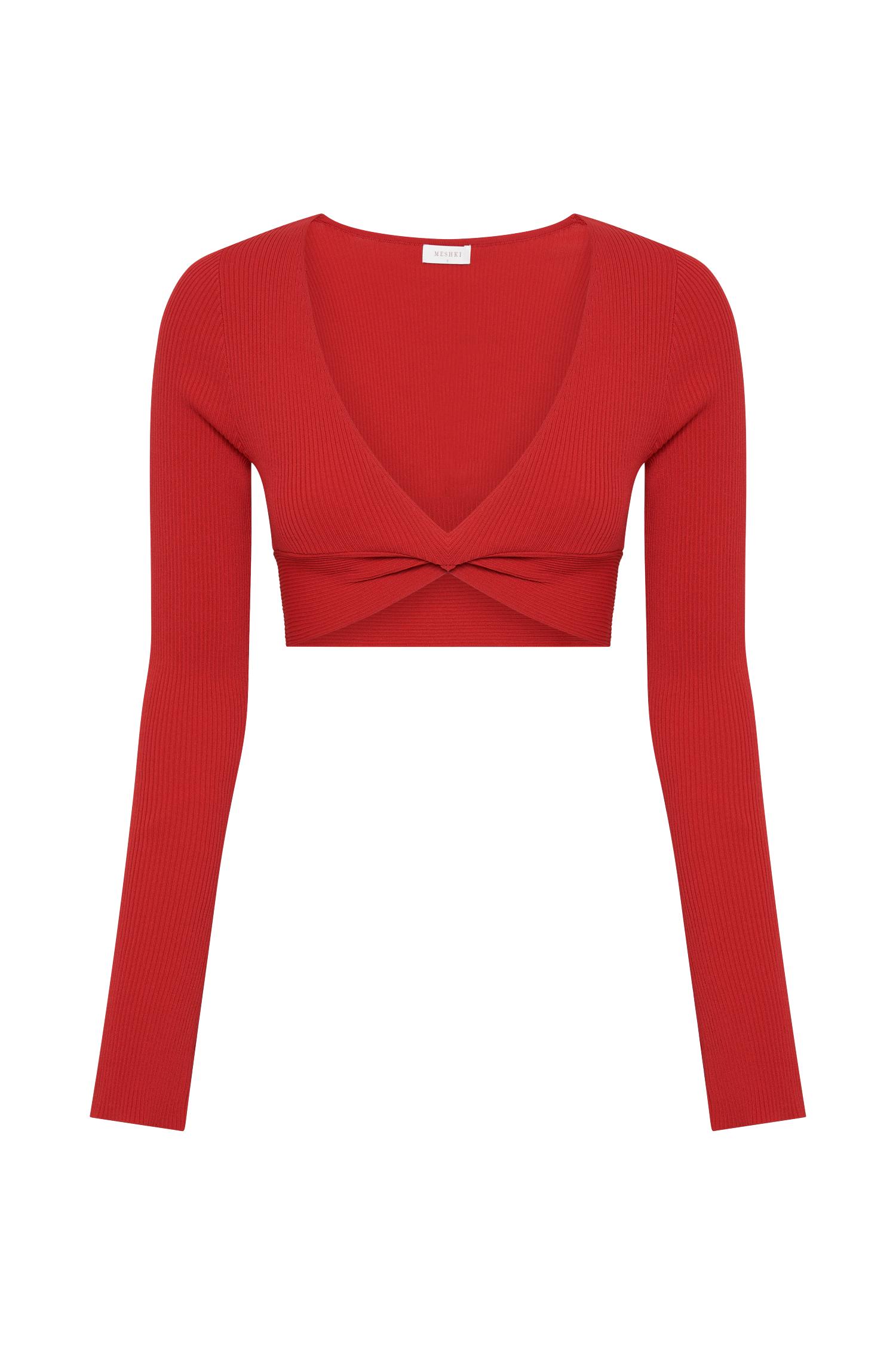 Kaesha Long Sleeve Twist Front Knit Top - Red Product Image