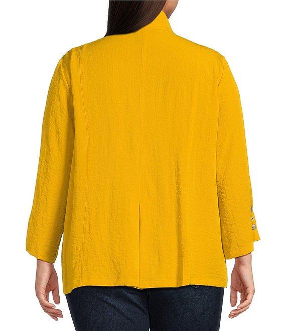 Ali Miles Plus Size Woven Solid Wire Collar 3/4 Sleeve Pleated Hem Button Front Tunic Product Image