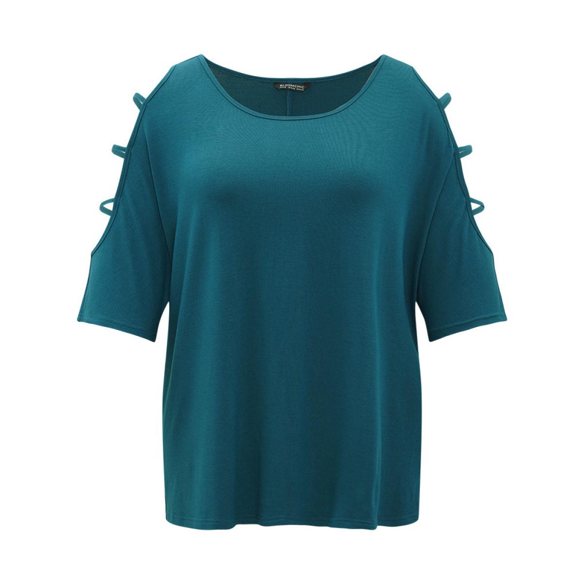Plus Size Solid Cut Out Round Neck Dolman Sleeve T-shirt Aegean Women Elegant Plain Round Neck Dailywear T-shirts BloomChic 12/L Product Image
